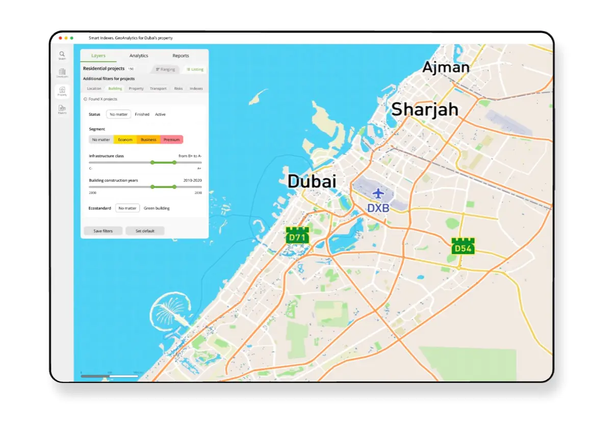 Filtering of residential development projects in GeoAnalytics for location Dubai, UAE