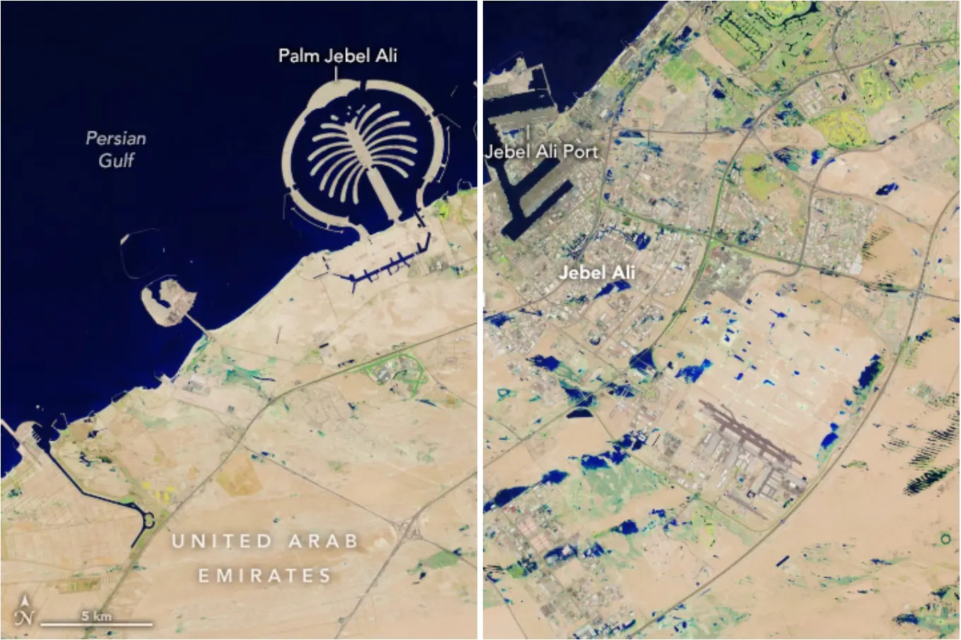 Satellite shots before and after flood in Dubai at April 2024