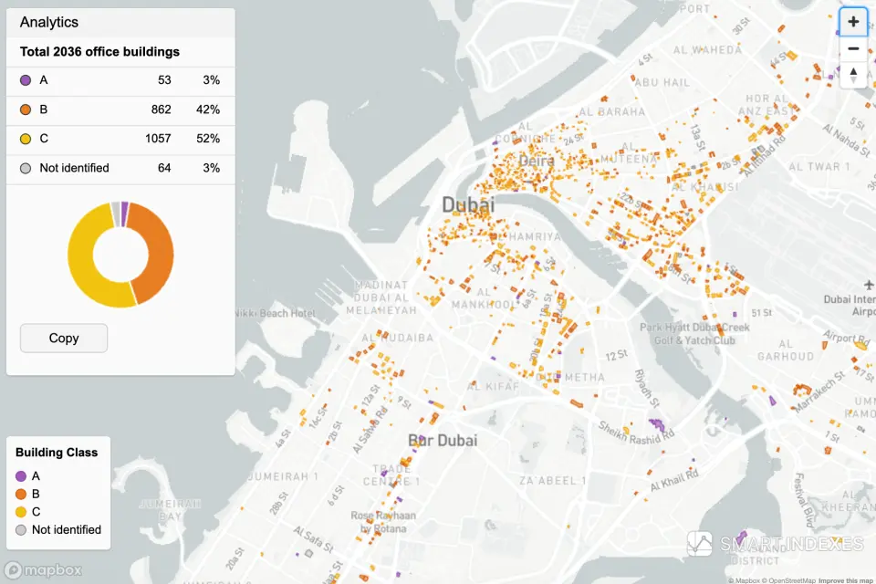 Geoanalytical map «Office Building Analytics» of the Emirate of Dubai, UAE