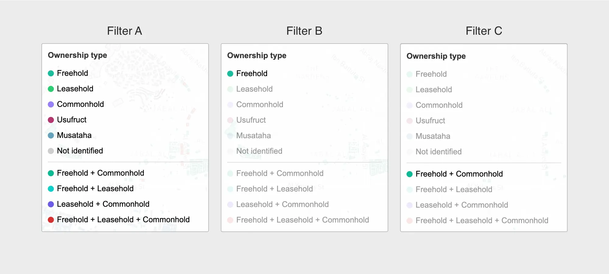 User interface: Filter segmentation land plots by ownership types