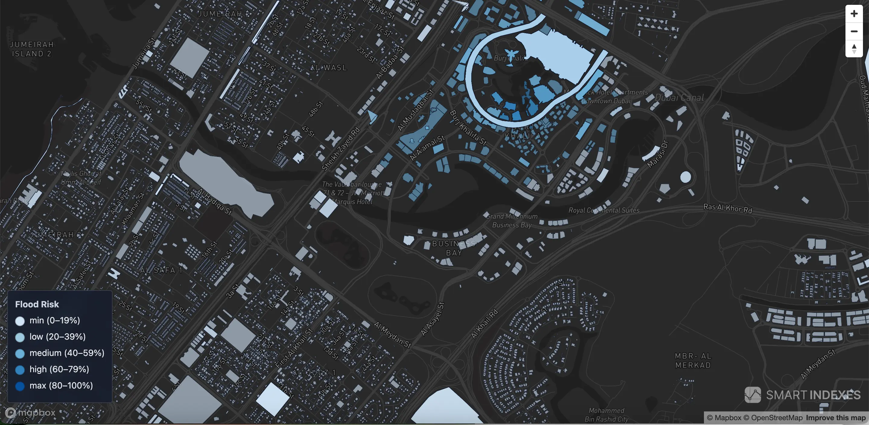 Color segmentation of flood risk for buildings in Dubai based on counted flooded area in radius 1 km from building entrance (Makani Number)