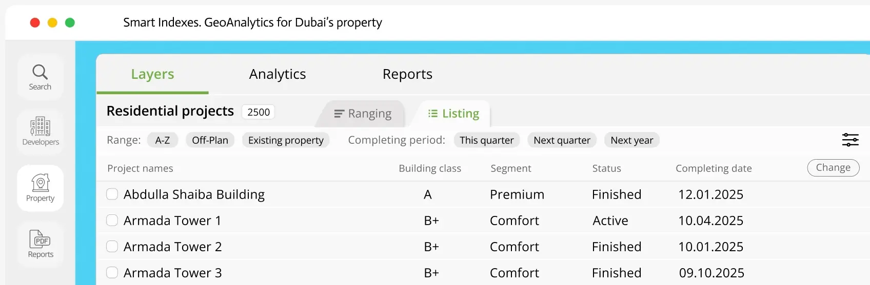 Detailed view of development projects listing