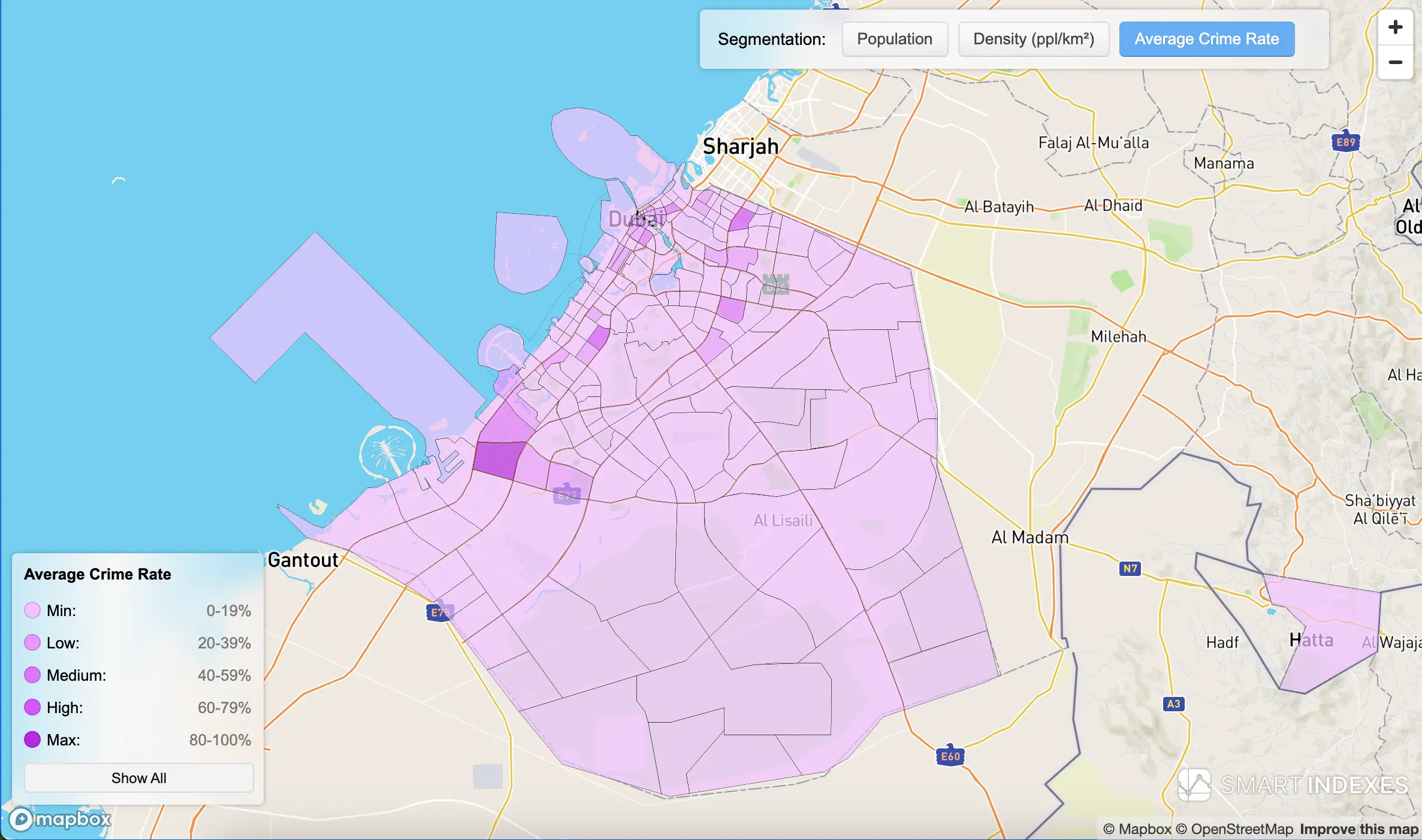 Color segmentation on map by Average Crime Rate of Dubai's communities in its administrative borders