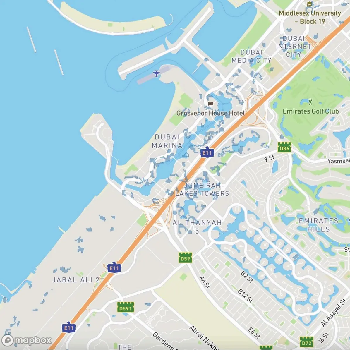 Fig. 2. Visualization of the digitized polygons of the flood zones in Dubai after analyzing NASA images.