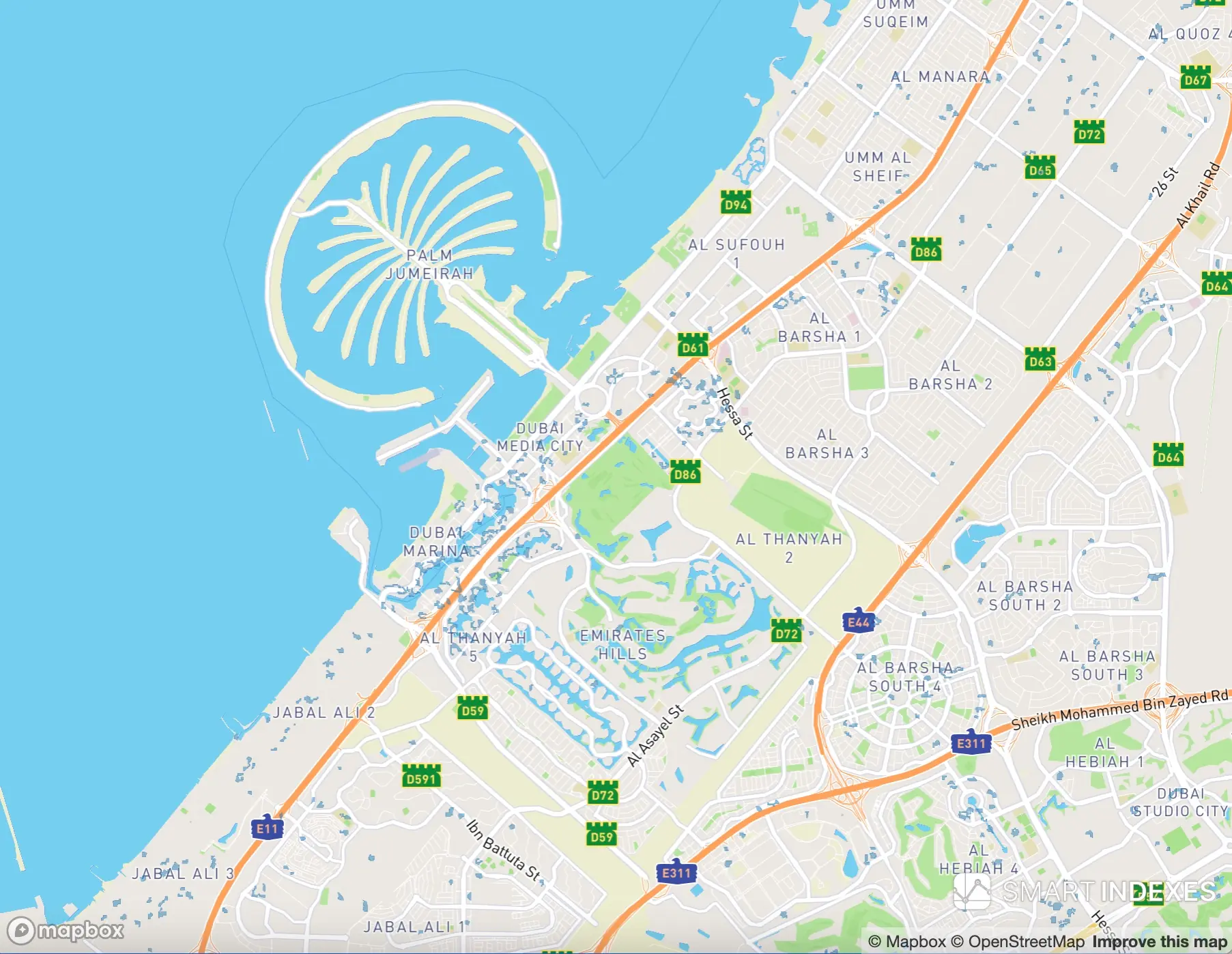 Fig. 3. Enlarged fragment to illustrate flood zones in the Dubai Marina, Al Thanyah areas near the coast of the Persian Gulf.