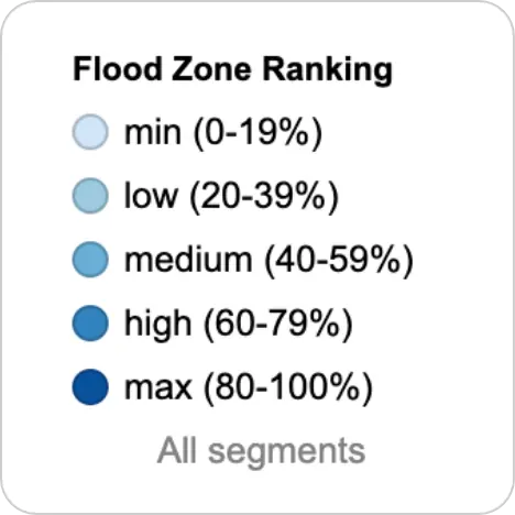 Community areas color‑segmented on the map by flood‑zone rankings in percentage bands