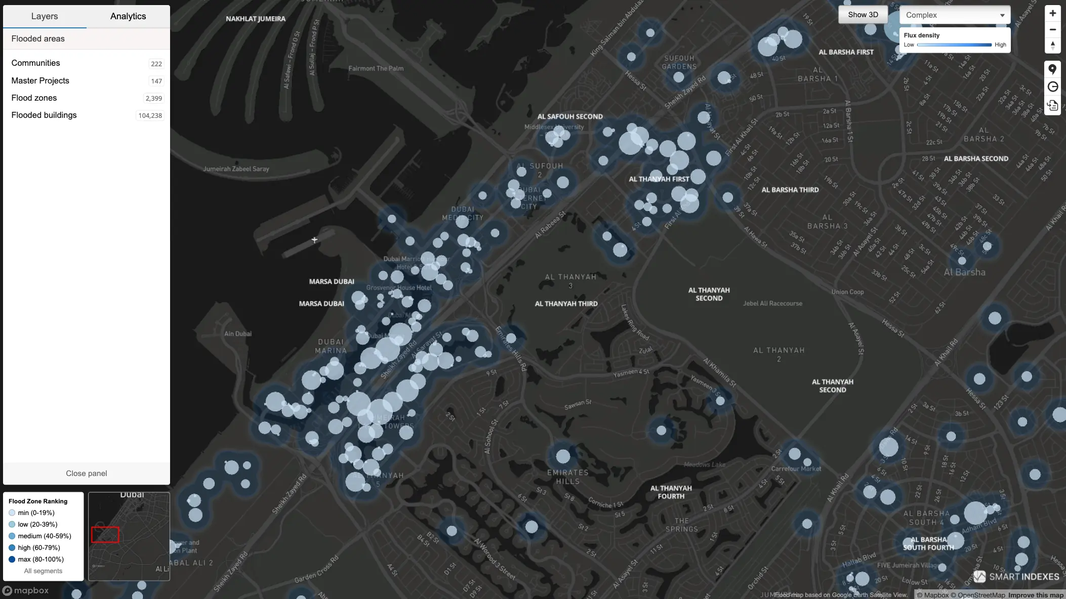 Flood zones by complex heatmap segmentation on geoanalytical map by Smart Indexes