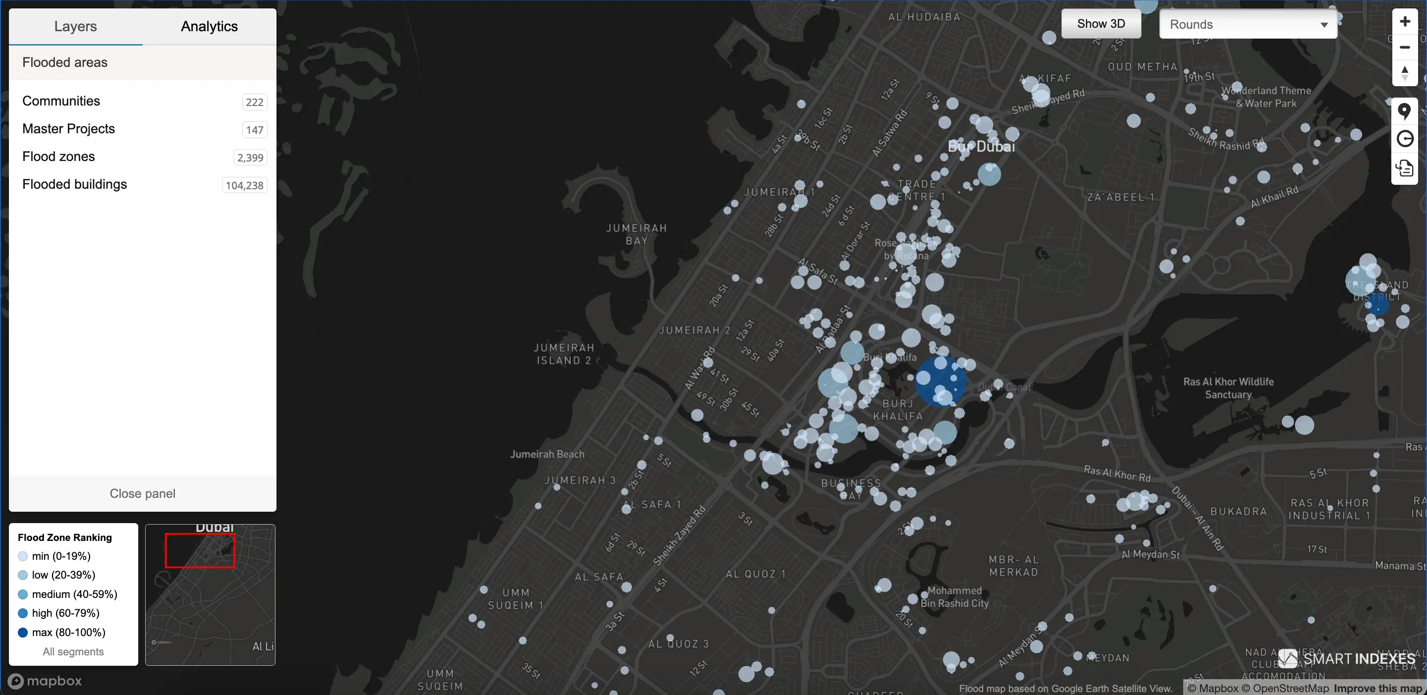 Flood zones by round segmentation on geoanalytical map by Smart Indexes
