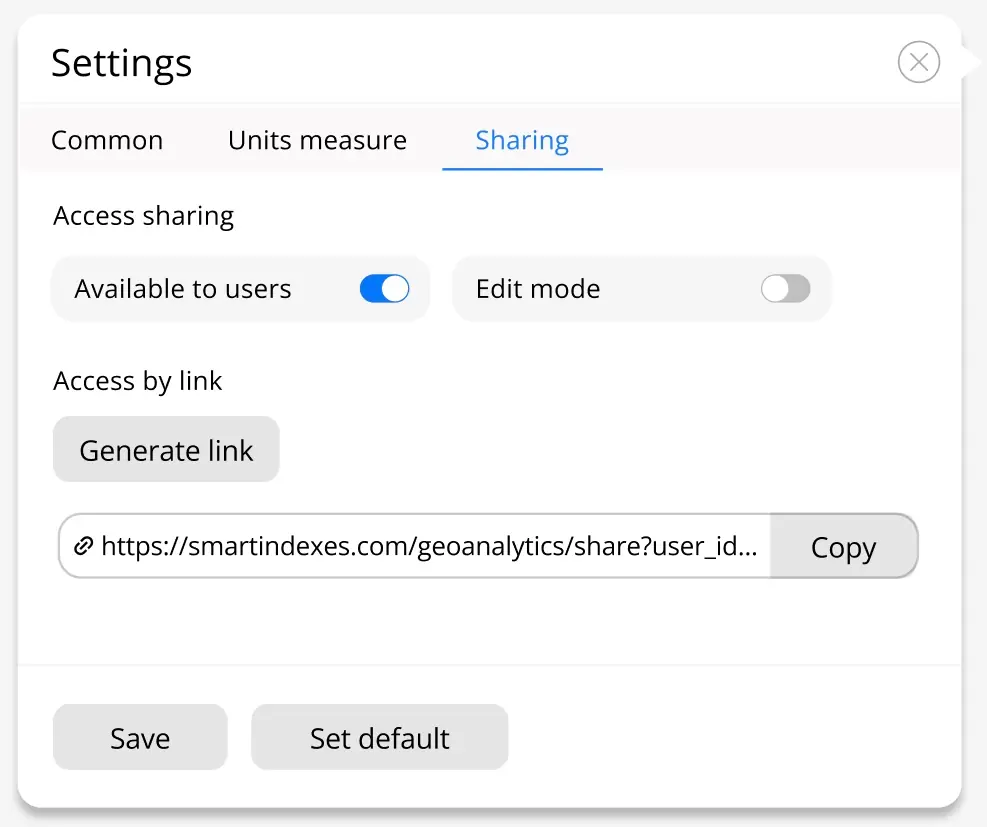 Generating link to share and team work at GeoAnalytics