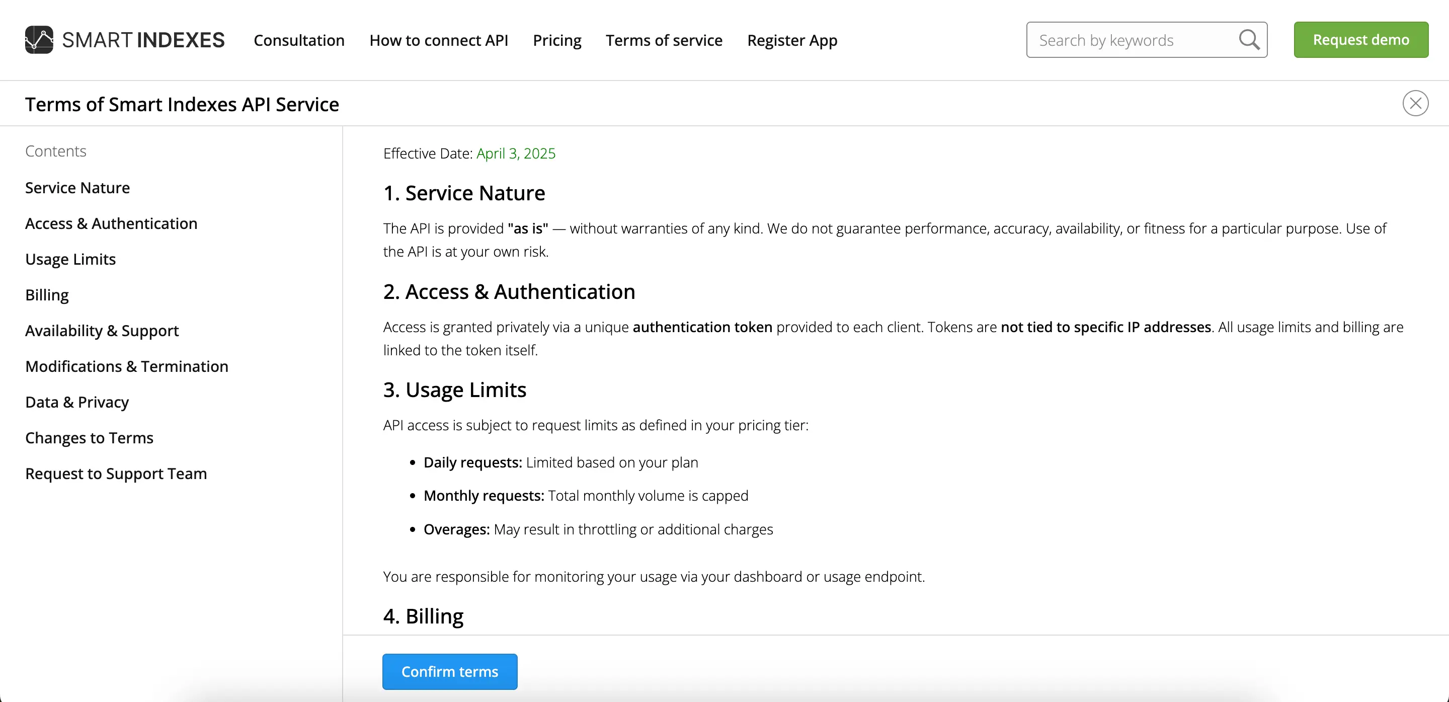 Acceptance of the API service terms