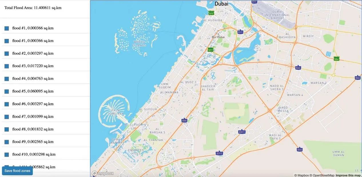 Total flood areas on Dubai map by satellite shots
