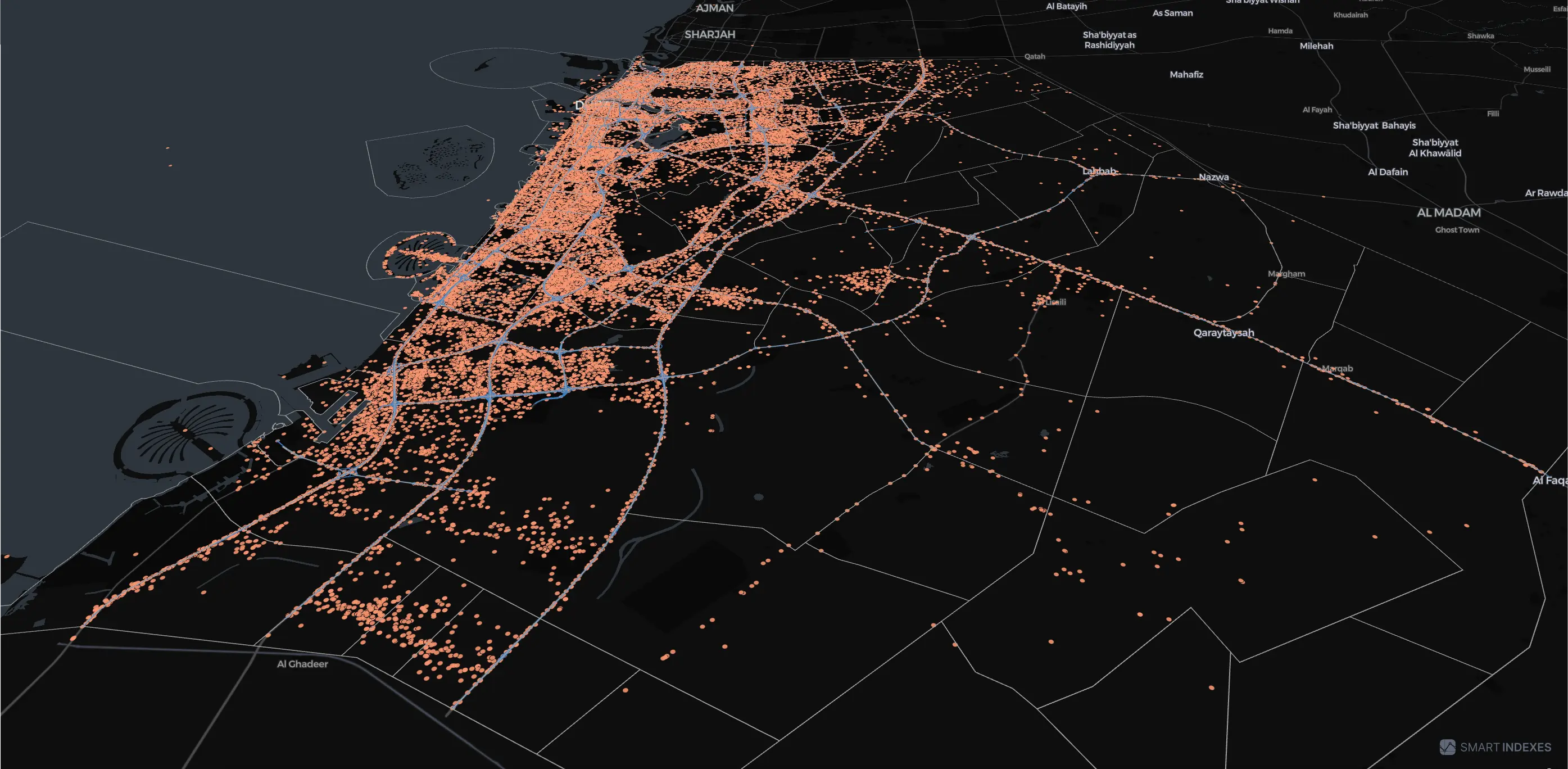 Isometric view on layers: communities borders, roads, traffic incidents on map of Dubai