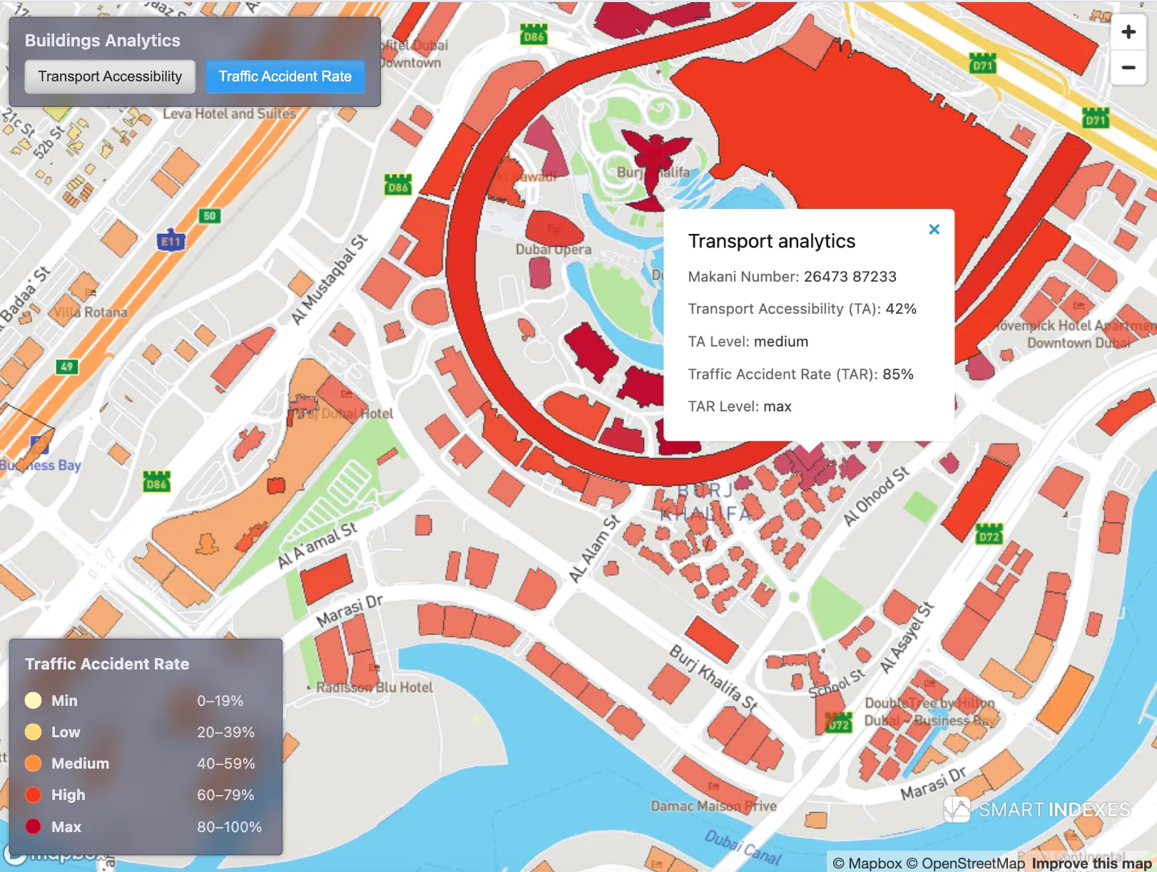 Traffic Accident Rate on Dubai's map based on Makani Number and registered nearby traffic incidents