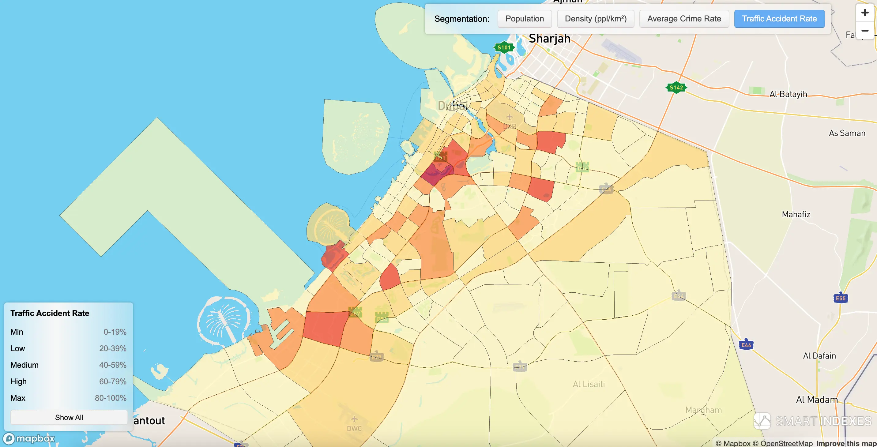 Traffic Accident Rate for communities using color segmentation on map of Dubai