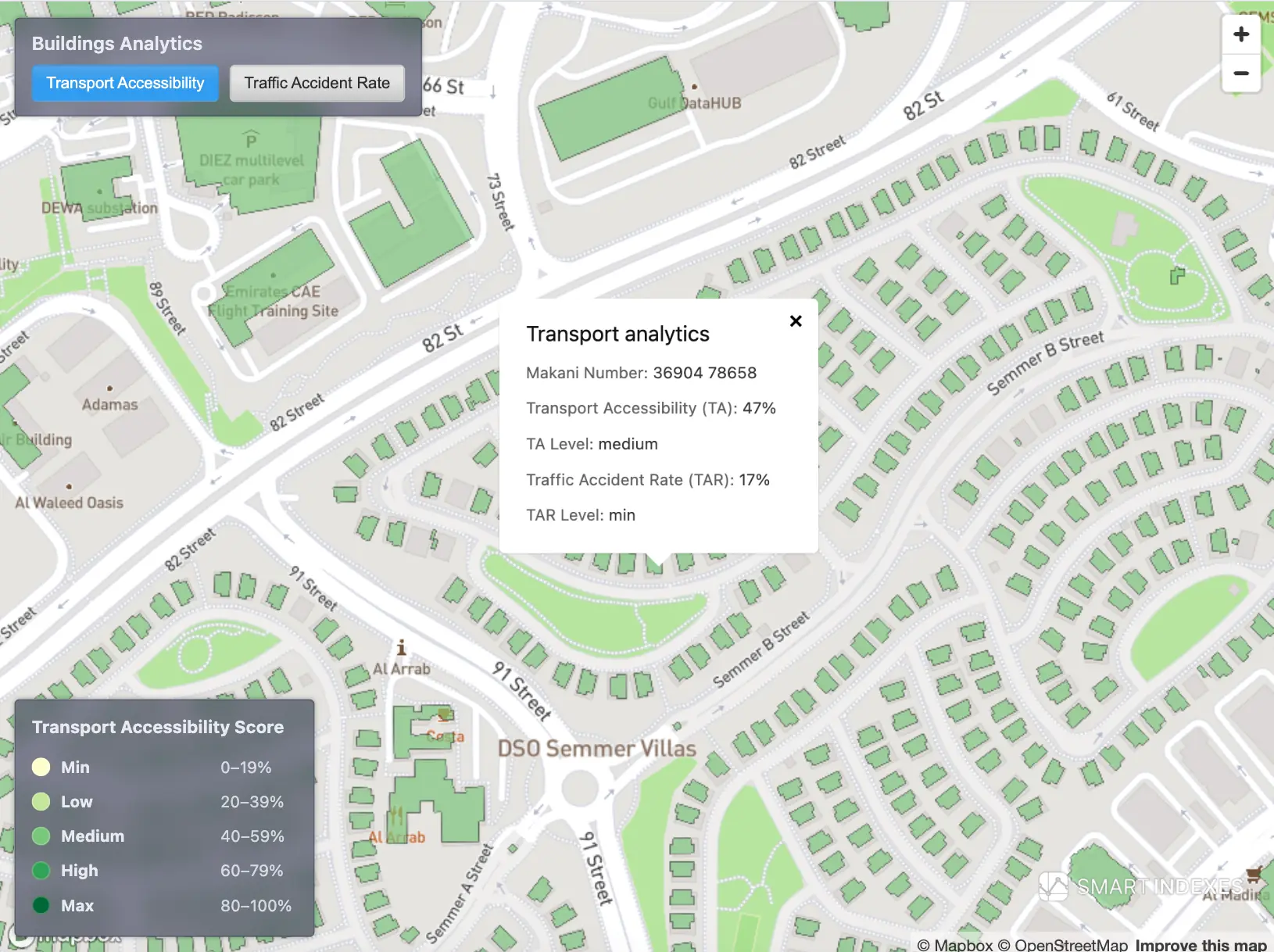 Transport Accessibility Score on Dubai's map based on Makani Number and nearby transport hubs